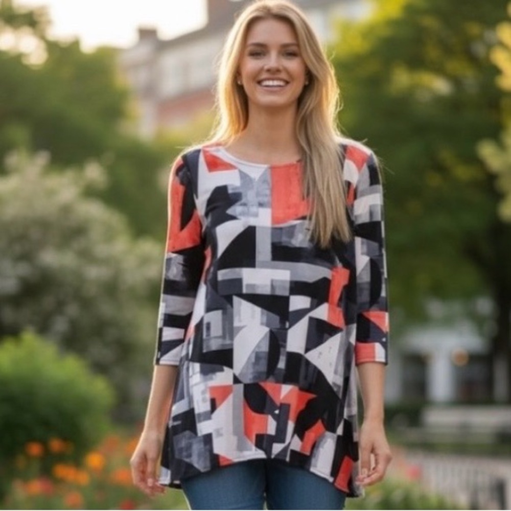 Alfani,Women's, AbstractGeometric Swing Top 3/4 Sleeve Blue Blk Coral Size PL